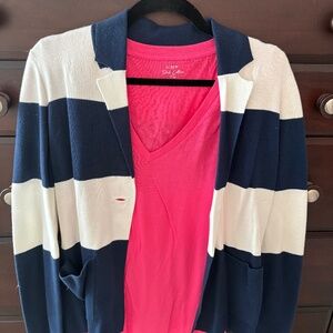 Size Small Kinross Cashmere Navy/White Striped Cardigan